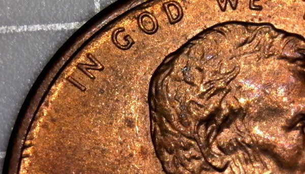 1993-P-Lincoln-Cent-With-Retained-Interior-Die-Break,-And-Die-Dents